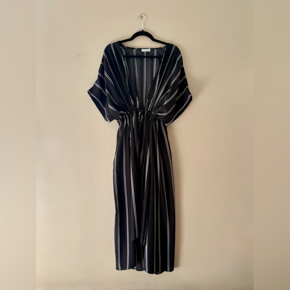 Plus Size Black Striped Kimono Swim Suit Coverup